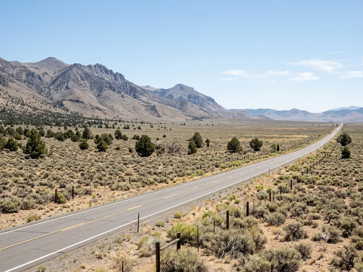 An open desert highway through mountainous terrain, representing candidate project sites